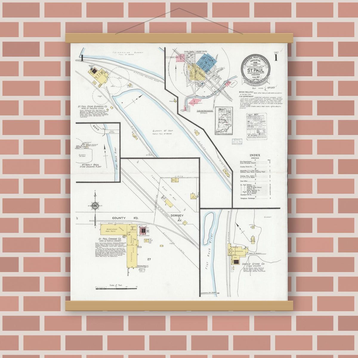 Old map wall art mockup — magnetic wood frame on brick wall — Sanborn Fire Insurance Map from Saint Paul, Shelby And Decatur Counties, Indiana (1927), Sheet #0001