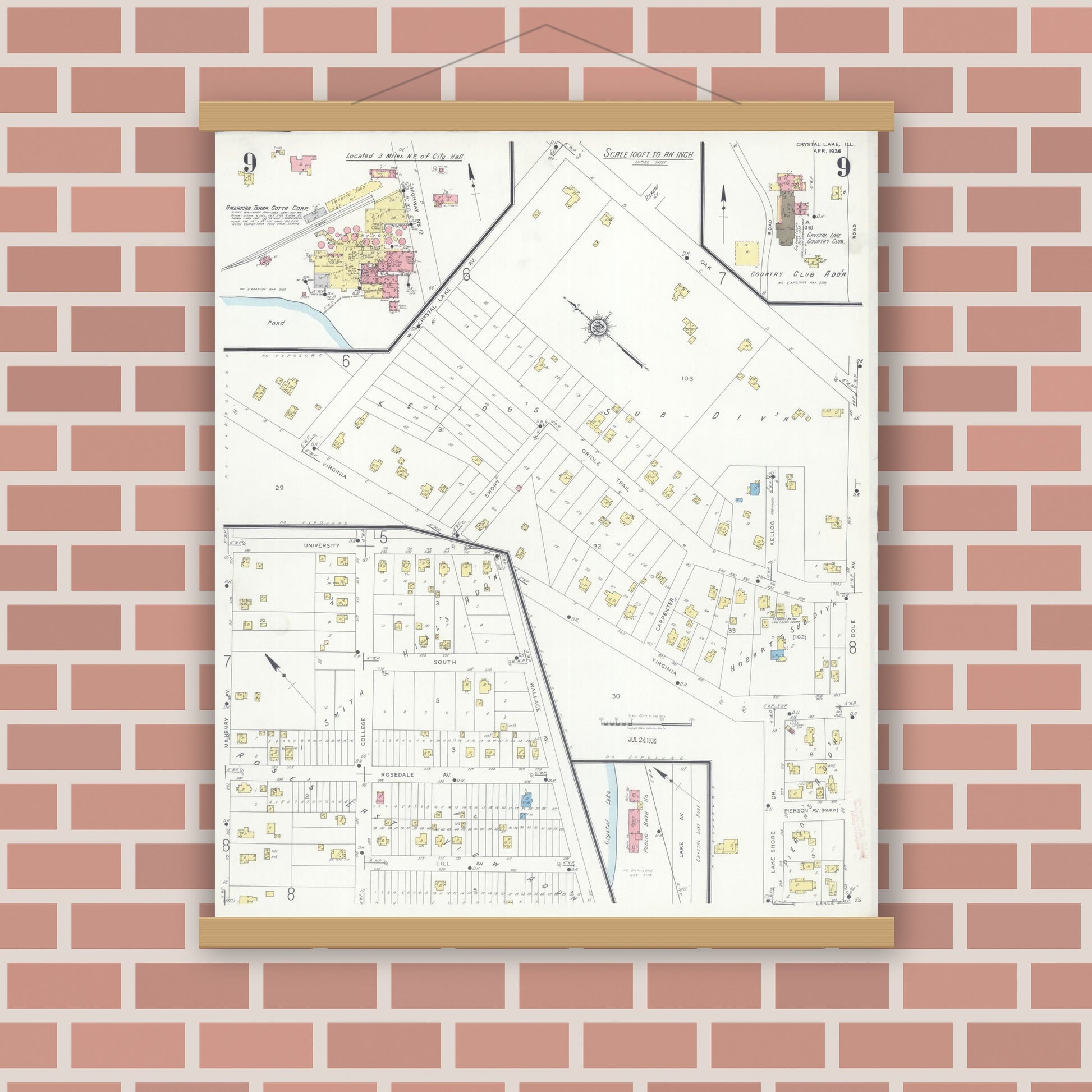 Old map wall art mockup — magnetic wood frame on brick wall — Sanborn Fire Insurance Map from Crystal Lake, McHenry County, Illinois (1936), Sheet #0009