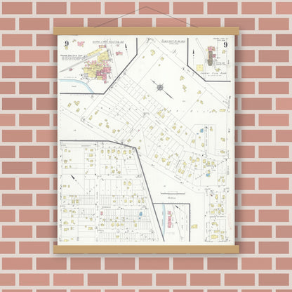 Old map wall art mockup — magnetic wood frame on brick wall — Sanborn Fire Insurance Map from Crystal Lake, McHenry County, Illinois (1936), Sheet #0009