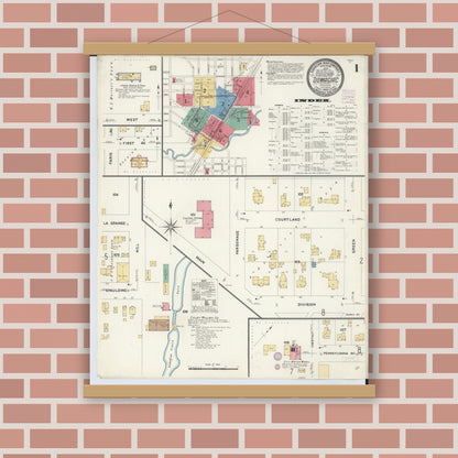 Old map wall art mockup — magnetic wood frame on brick wall — Sanborn Fire Insurance Map from Dowagiac, Cass County, Michigan (1908), Sheet #0001