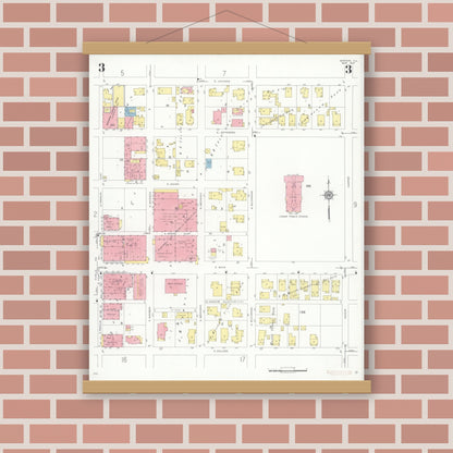 Old map wall art mockup — magnetic wood frame on brick wall — Sanborn Fire Insurance Map from Marion, Williamson County, Illinois (1937), Sheet #0003