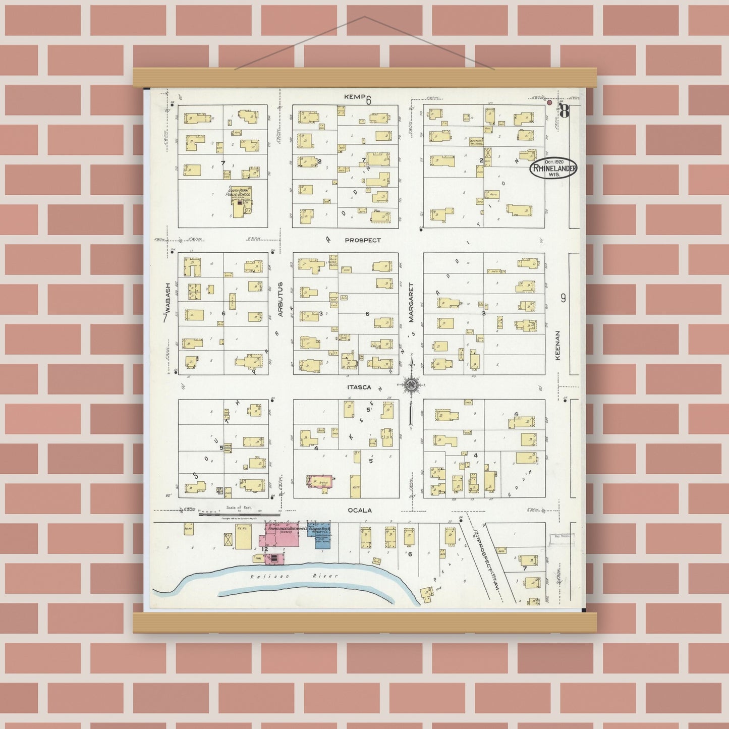 Old map wall art mockup — magnetic wood frame on brick wall — Sanborn Fire Insurance Map from Rhinelander, Oneida County, Wisconsin (1920), Sheet #0008