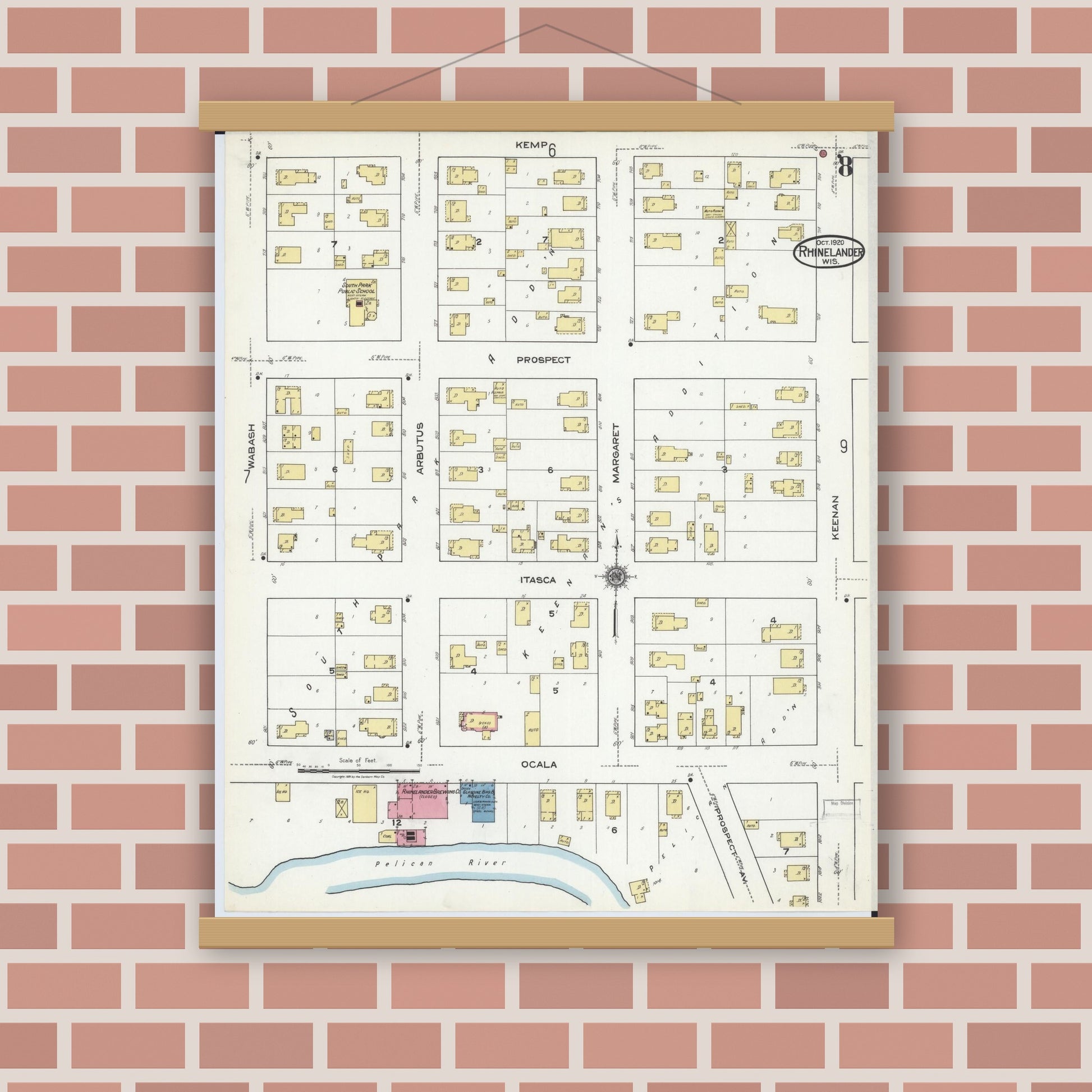 Old map wall art mockup — magnetic wood frame on brick wall — Sanborn Fire Insurance Map from Rhinelander, Oneida County, Wisconsin (1920), Sheet #0008