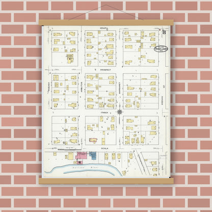 Old map wall art mockup — magnetic wood frame on brick wall — Sanborn Fire Insurance Map from Rhinelander, Oneida County, Wisconsin (1920), Sheet #0008