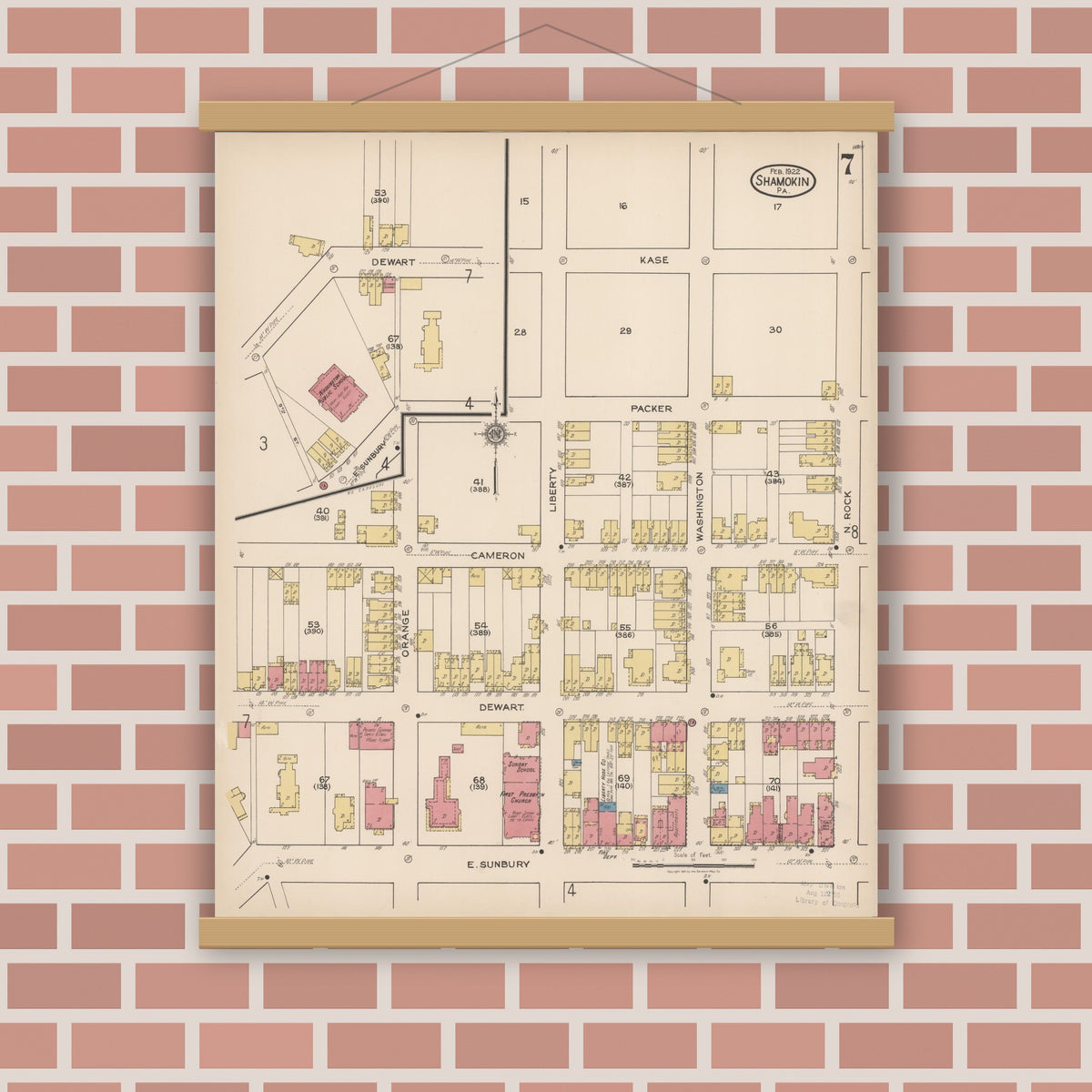 Old map wall art mockup — magnetic wood frame on brick wall — Sanborn Fire Insurance Map from Shamokin, Northumberland County, Pennsylvania (1922), Sheet #0007