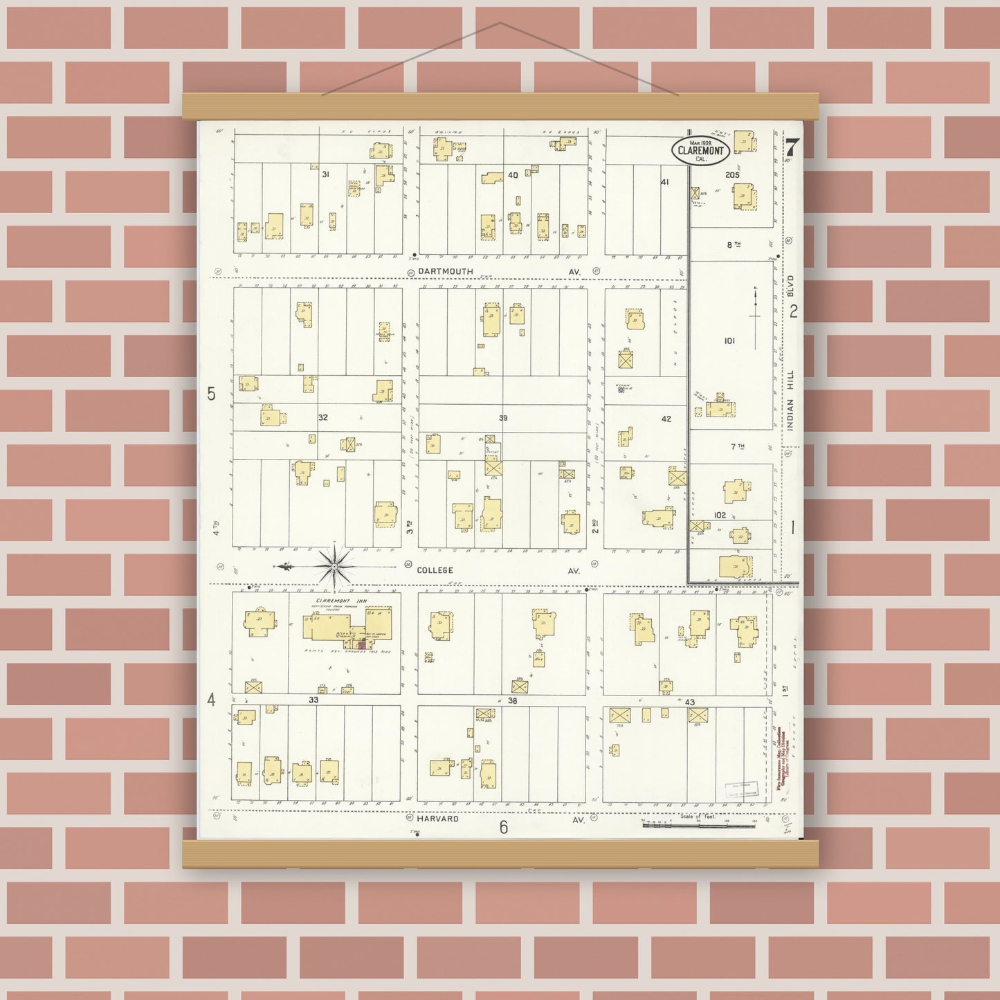 Old map wall art mockup — magnetic wood frame on brick wall — Sanborn Fire Insurance Map from Claremont, Los Angeles County, California (1909), Sheet #0007