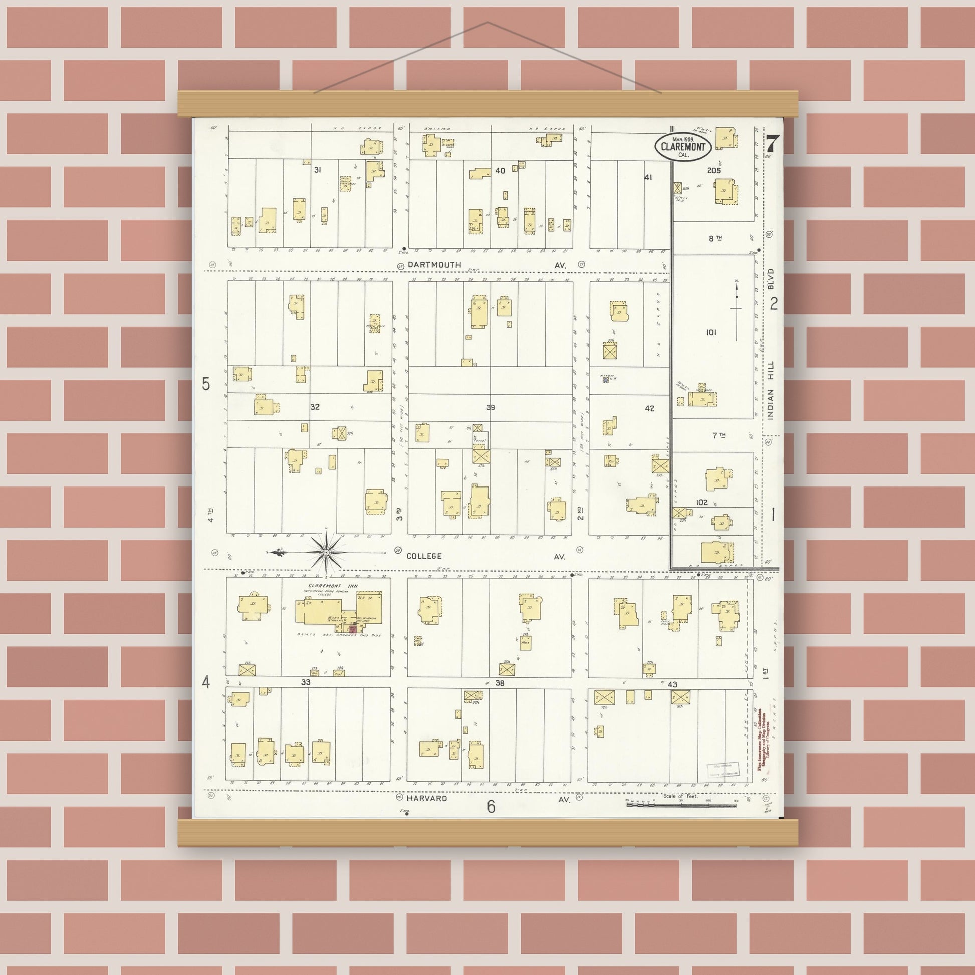 Old map wall art mockup — magnetic wood frame on brick wall — Sanborn Fire Insurance Map from Claremont, Los Angeles County, California (1909), Sheet #0007