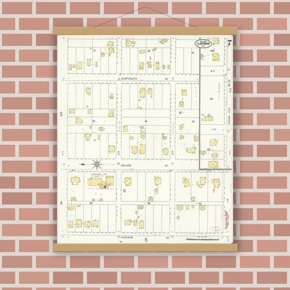 Old map wall art mockup — magnetic wood frame on brick wall — Sanborn Fire Insurance Map from Claremont, Los Angeles County, California (1909), Sheet #0007