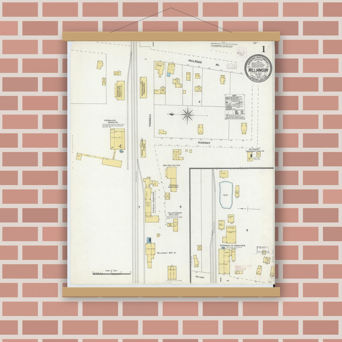 Old map wall art mockup — magnetic wood frame on brick wall — Sanborn Fire Insurance Map from Williamson, Wayne County, New York (1905) - Complete Map Set
