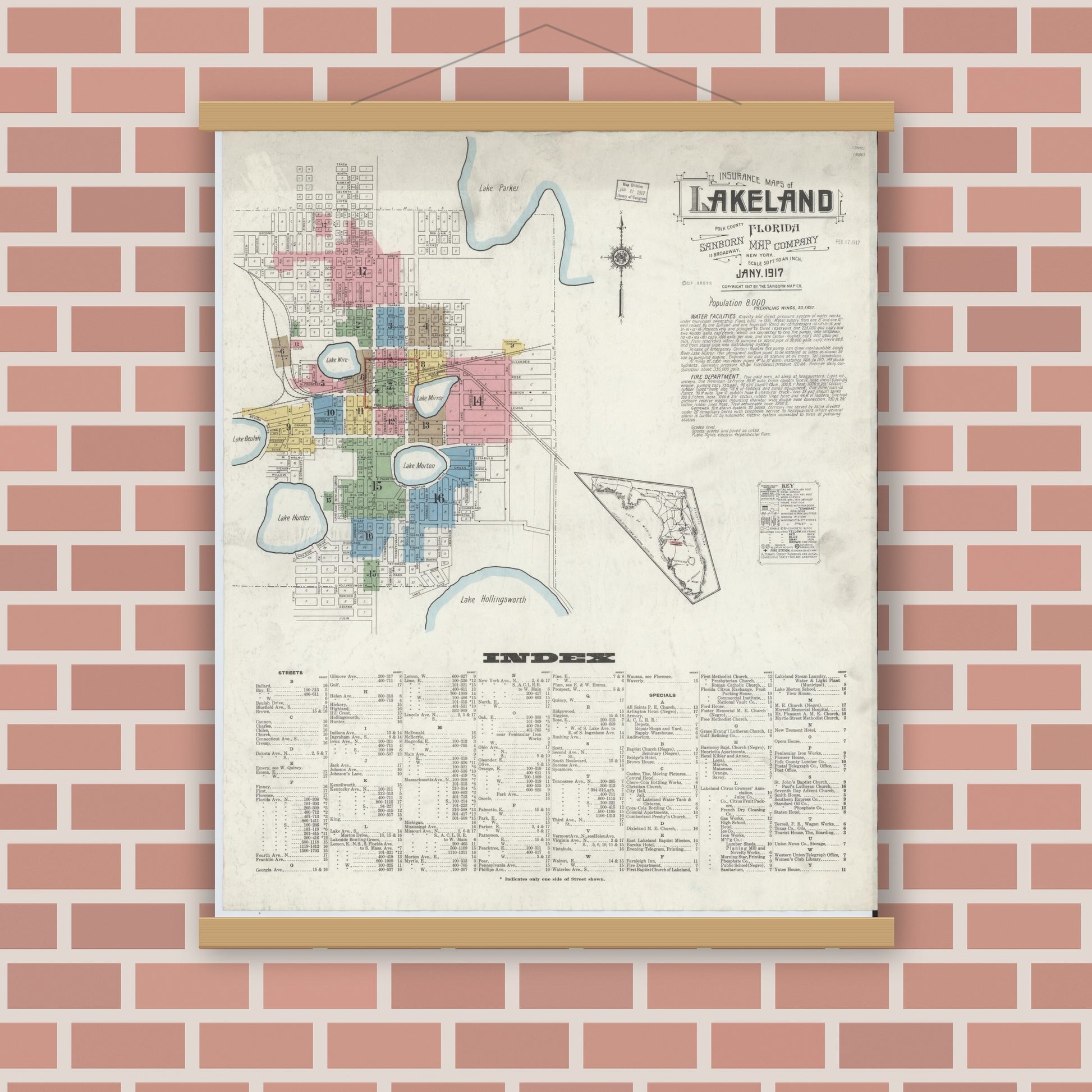 Old map wall art mockup — magnetic wood frame on brick wall — Sanborn Fire Insurance Map from Lakeland, Polk County, Florida (1917) - Complete Map Set