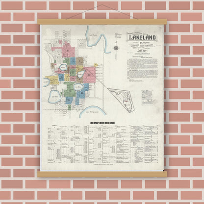 Old map wall art mockup — magnetic wood frame on brick wall — Sanborn Fire Insurance Map from Lakeland, Polk County, Florida (1917) - Complete Map Set