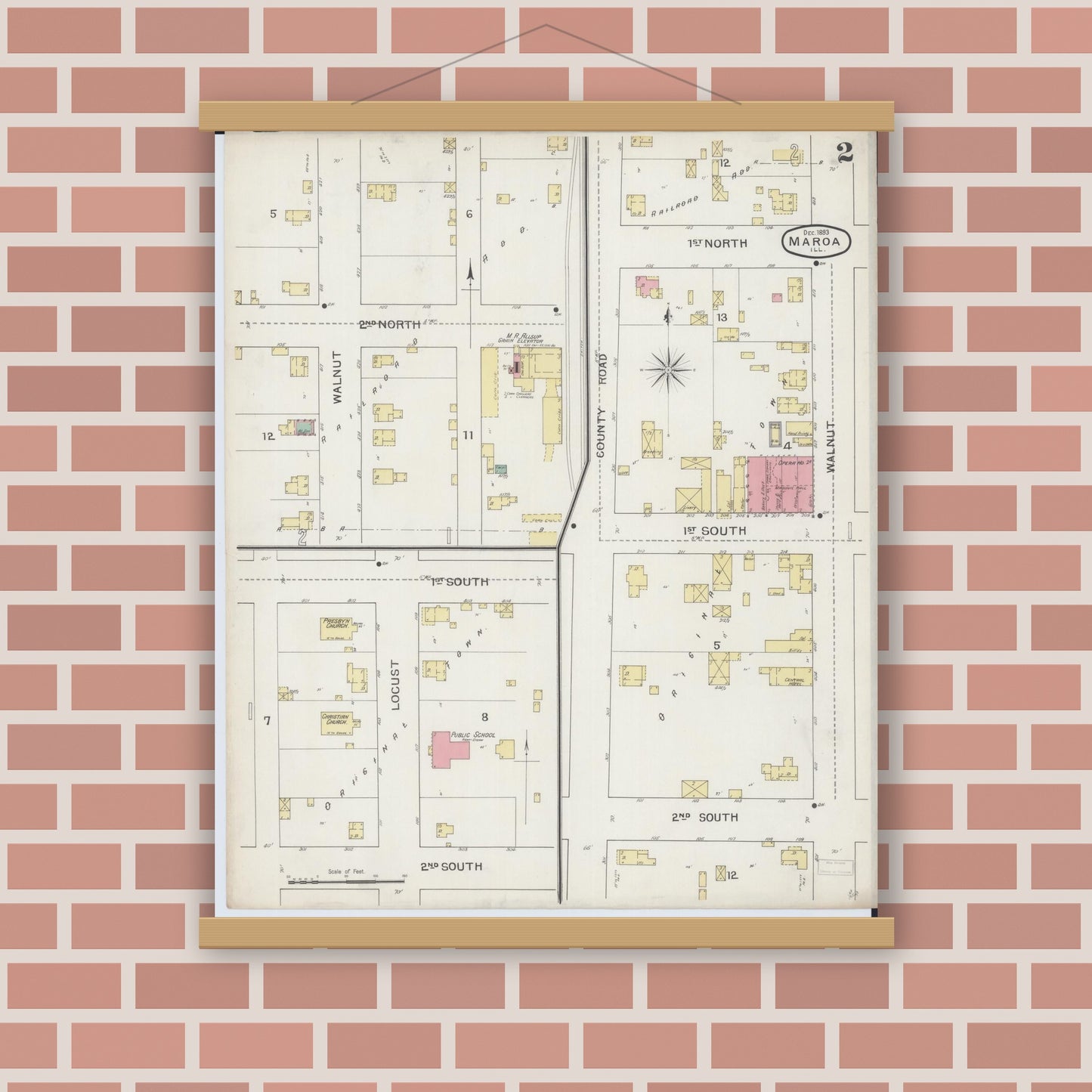 Old map wall art mockup — magnetic wood frame on brick wall — Sanborn Fire Insurance Map from Maroa, Macon County, Illinois (1893), Sheet #0002