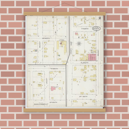 Old map wall art mockup — magnetic wood frame on brick wall — Sanborn Fire Insurance Map from Maroa, Macon County, Illinois (1893), Sheet #0002