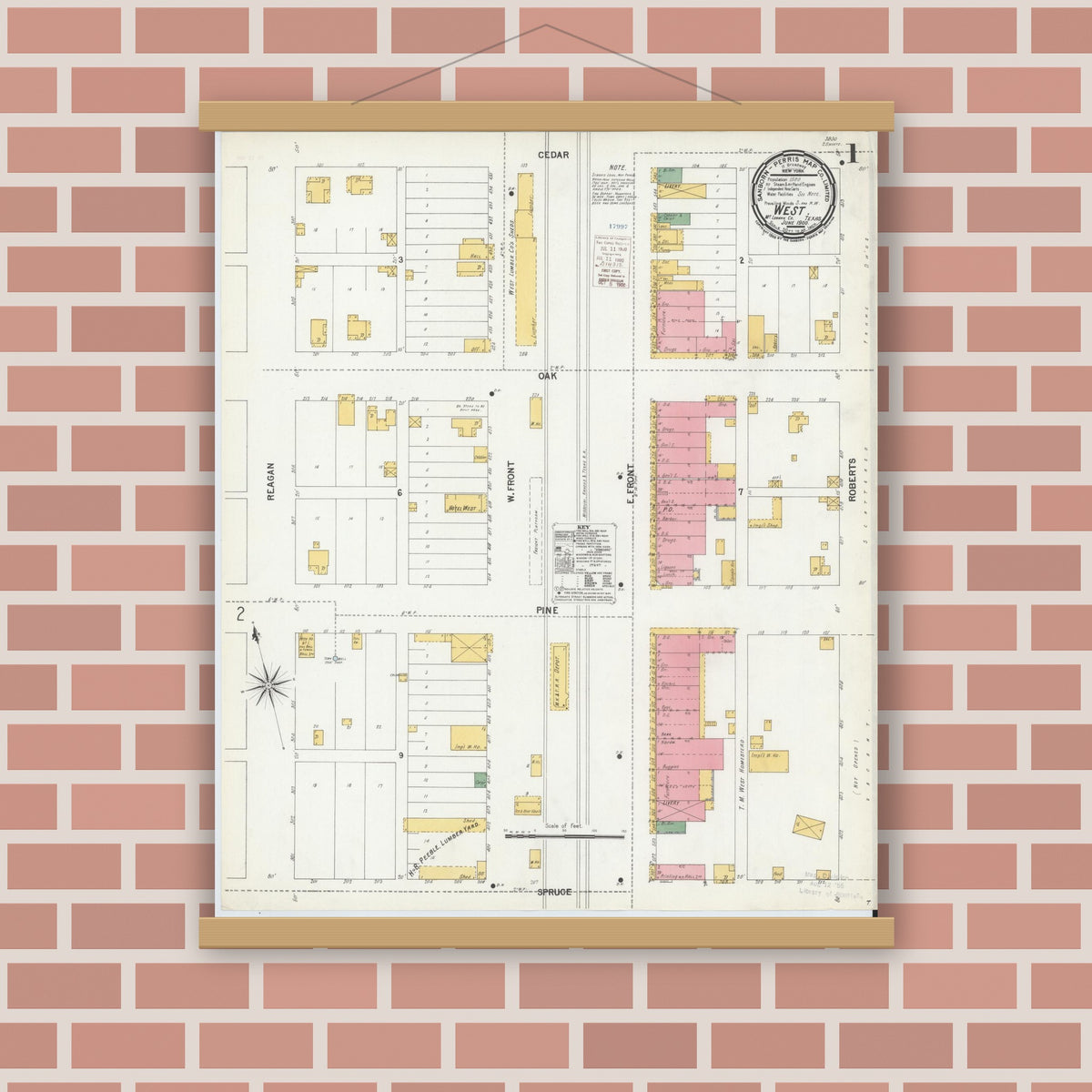 Old map wall art mockup — magnetic wood frame on brick wall — Sanborn Fire Insurance Map from West, McLennan County, Texas (1900), Sheet #0001