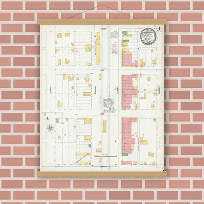 Old map wall art mockup — magnetic wood frame on brick wall — Sanborn Fire Insurance Map from West, McLennan County, Texas (1900), Sheet #0001