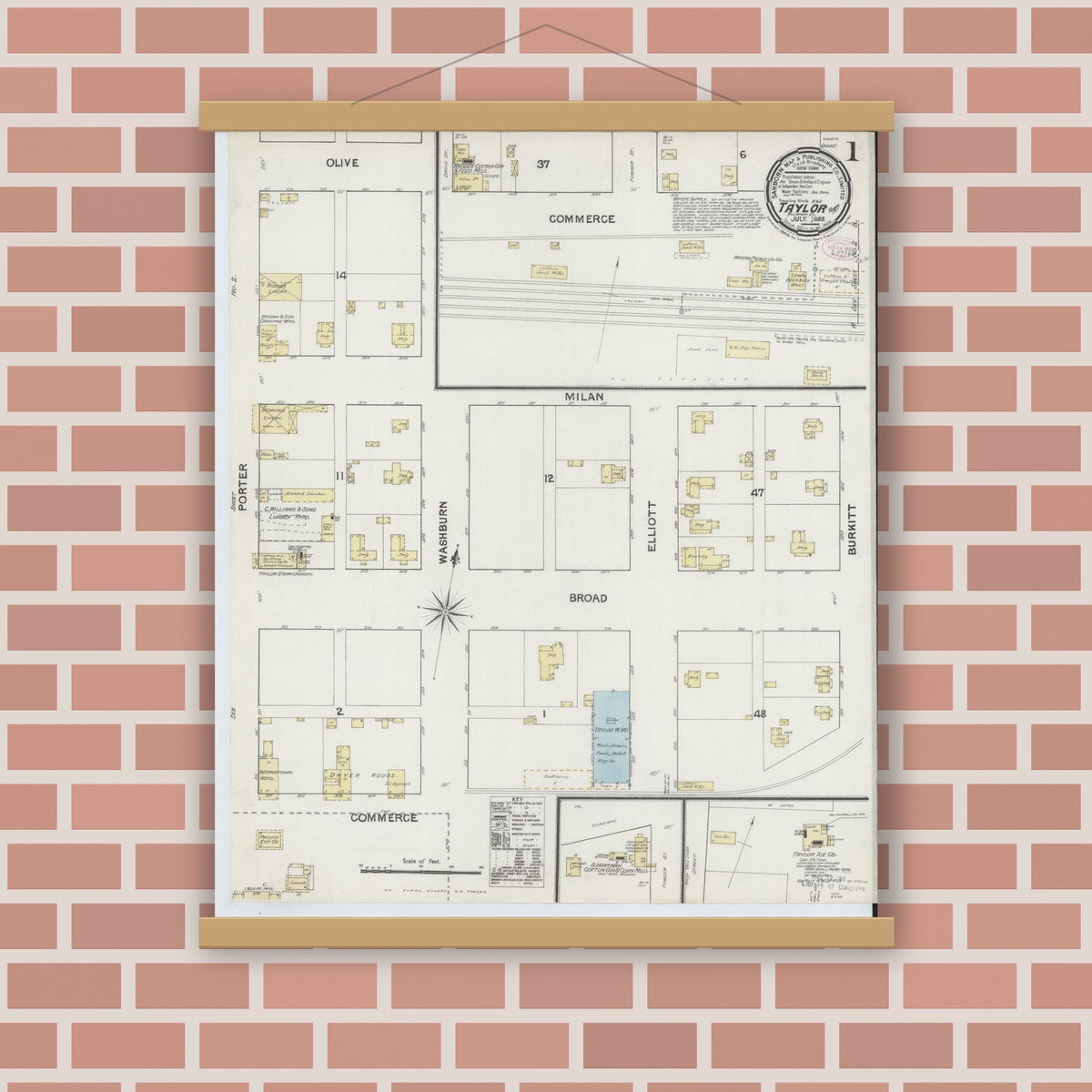 Old map wall art mockup — magnetic wood frame on brick wall — Sanborn Fire Insurance Map from Taylor, Williamson County, Texas (1889) - Complete Map Set