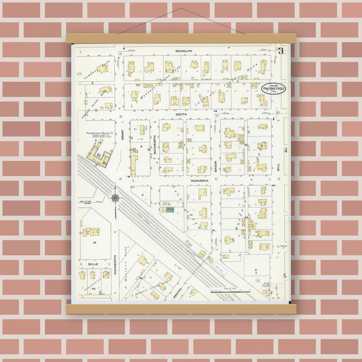 Old map wall art mockup — magnetic wood frame on brick wall — Sanborn Fire Insurance Map from Pinckneyville, Perry County, Illinois (1910), Sheet #0003
