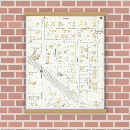 Old map wall art mockup — magnetic wood frame on brick wall — Sanborn Fire Insurance Map from Pinckneyville, Perry County, Illinois (1910), Sheet #0003