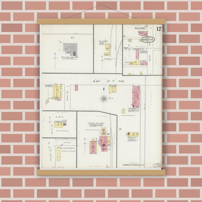 Old map wall art mockup — magnetic wood frame on brick wall — Sanborn Fire Insurance Map from Marion, Grant County, Indiana (1893), Sheet #0017