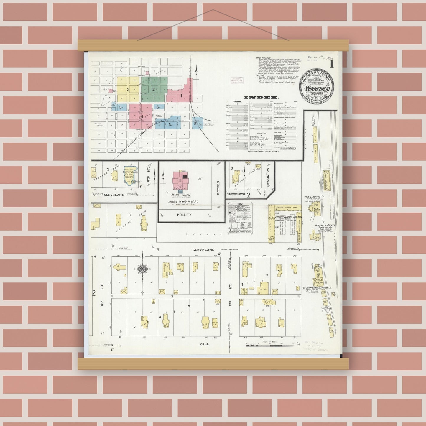 Old map wall art mockup — magnetic wood frame on brick wall — Sanborn Fire Insurance Map from Winnebago, Faribault County, Minnesota (1911) - Complete Map Set