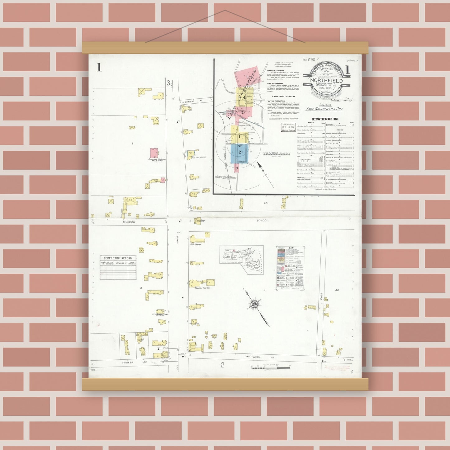 Old map wall art mockup — magnetic wood frame on brick wall — Sanborn Fire Insurance Map from Northfield, Franklin County, Massachusetts (1933) - Complete Map Set