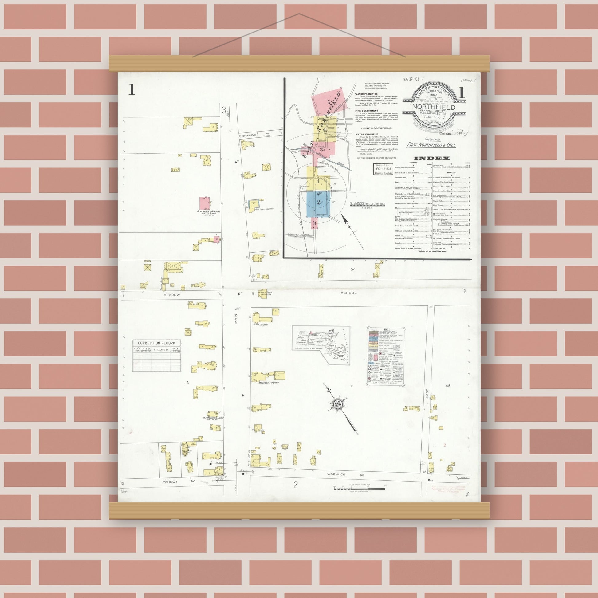 Old map wall art mockup — magnetic wood frame on brick wall — Sanborn Fire Insurance Map from Northfield, Franklin County, Massachusetts (1933) - Complete Map Set