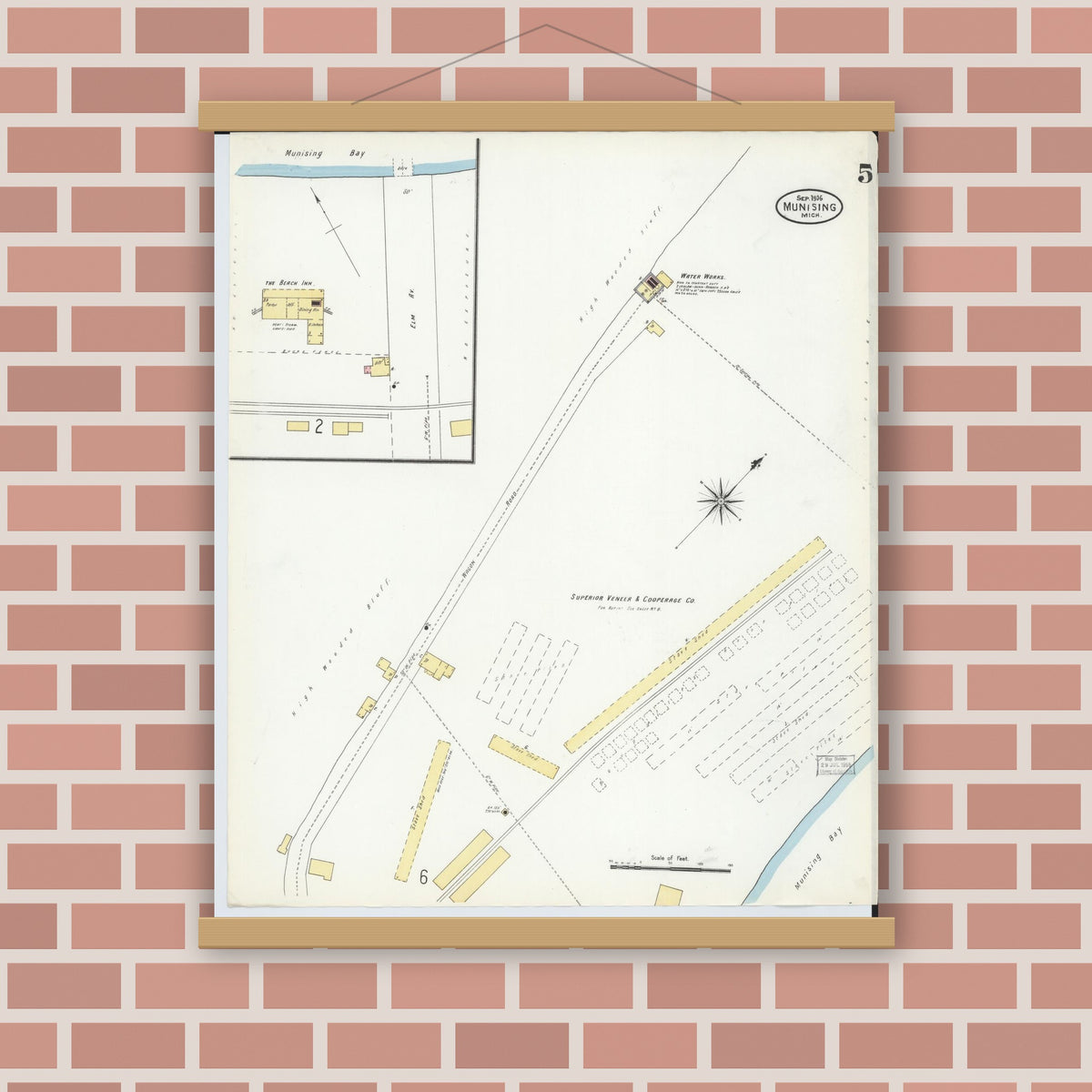 Old map wall art mockup — magnetic wood frame on brick wall — Sanborn Fire Insurance Map from Munising, Alger County, Michigan (1906), Sheet #0005