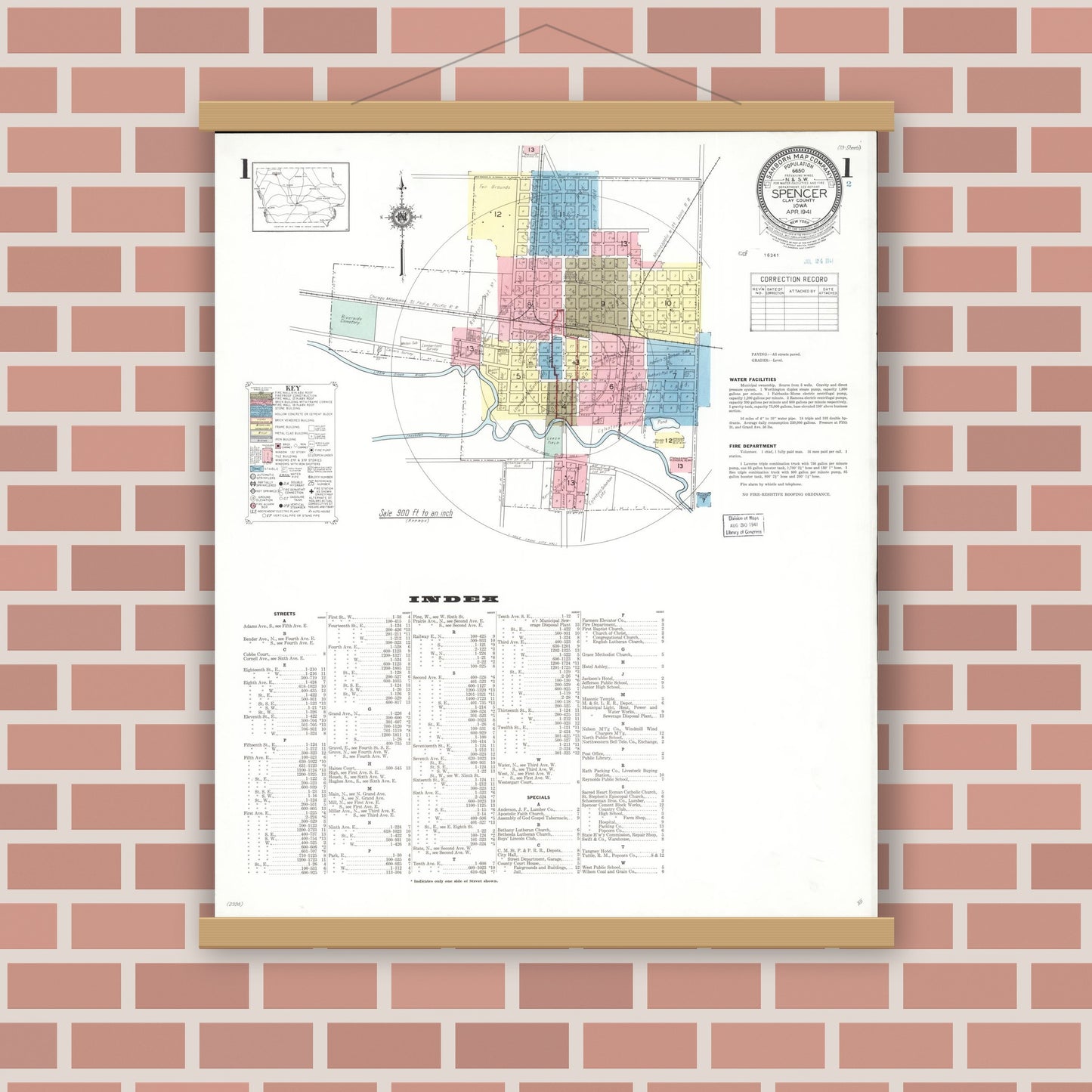 Old map wall art mockup — magnetic wood frame on brick wall — Sanborn Fire Insurance Map from Spencer, Clay County, Iowa (1941) â€” Complete Set