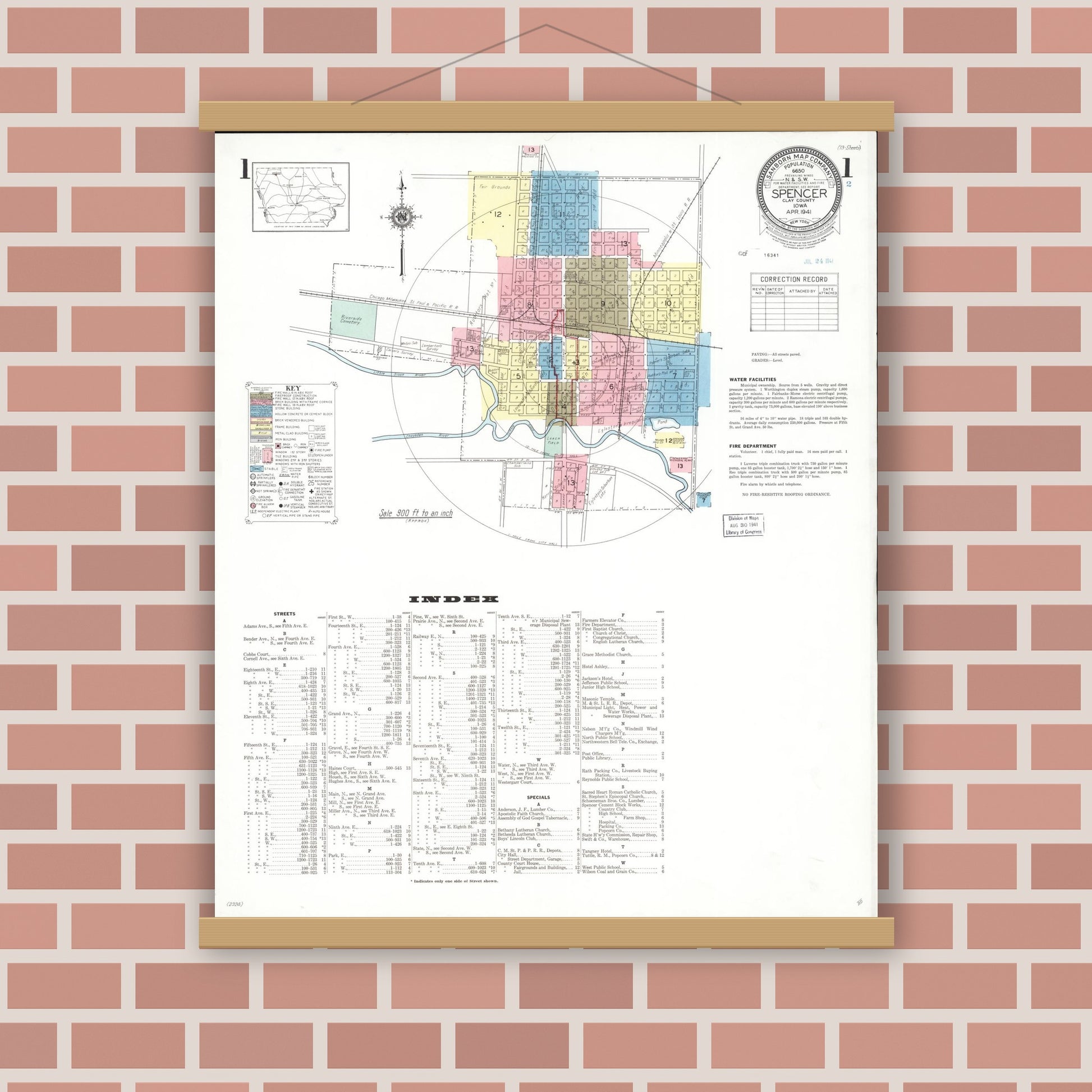 Old map wall art mockup — magnetic wood frame on brick wall — Sanborn Fire Insurance Map from Spencer, Clay County, Iowa (1941) â€” Complete Set