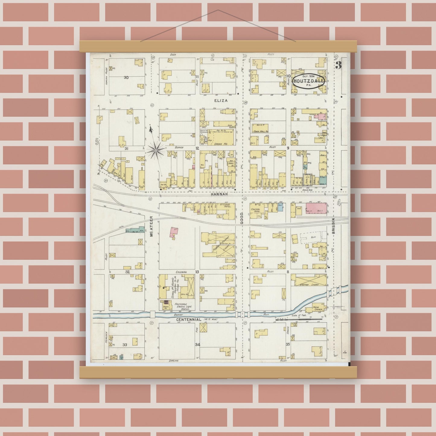 Old map wall art mockup — magnetic wood frame on brick wall — Sanborn Fire Insurance Map from Houtzdale, Clearfield County, Pennsylvania (1894), Sheet #0003