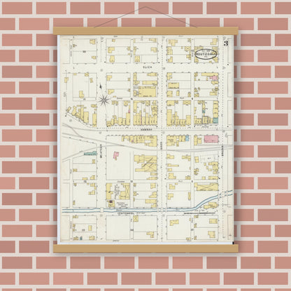 Old map wall art mockup — magnetic wood frame on brick wall — Sanborn Fire Insurance Map from Houtzdale, Clearfield County, Pennsylvania (1894), Sheet #0003