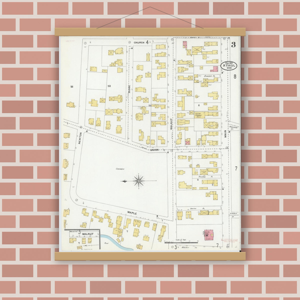 Old map wall art mockup — magnetic wood frame on brick wall — Sanborn Fire Insurance Map from Athol, Worcester County, Massachusetts (1905), Sheet #0003