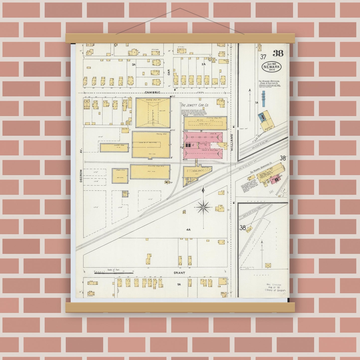 Old map wall art mockup — magnetic wood frame on brick wall — Sanborn Fire Insurance Map from Newark, Licking County, Ohio (1905), Sheet #0038
