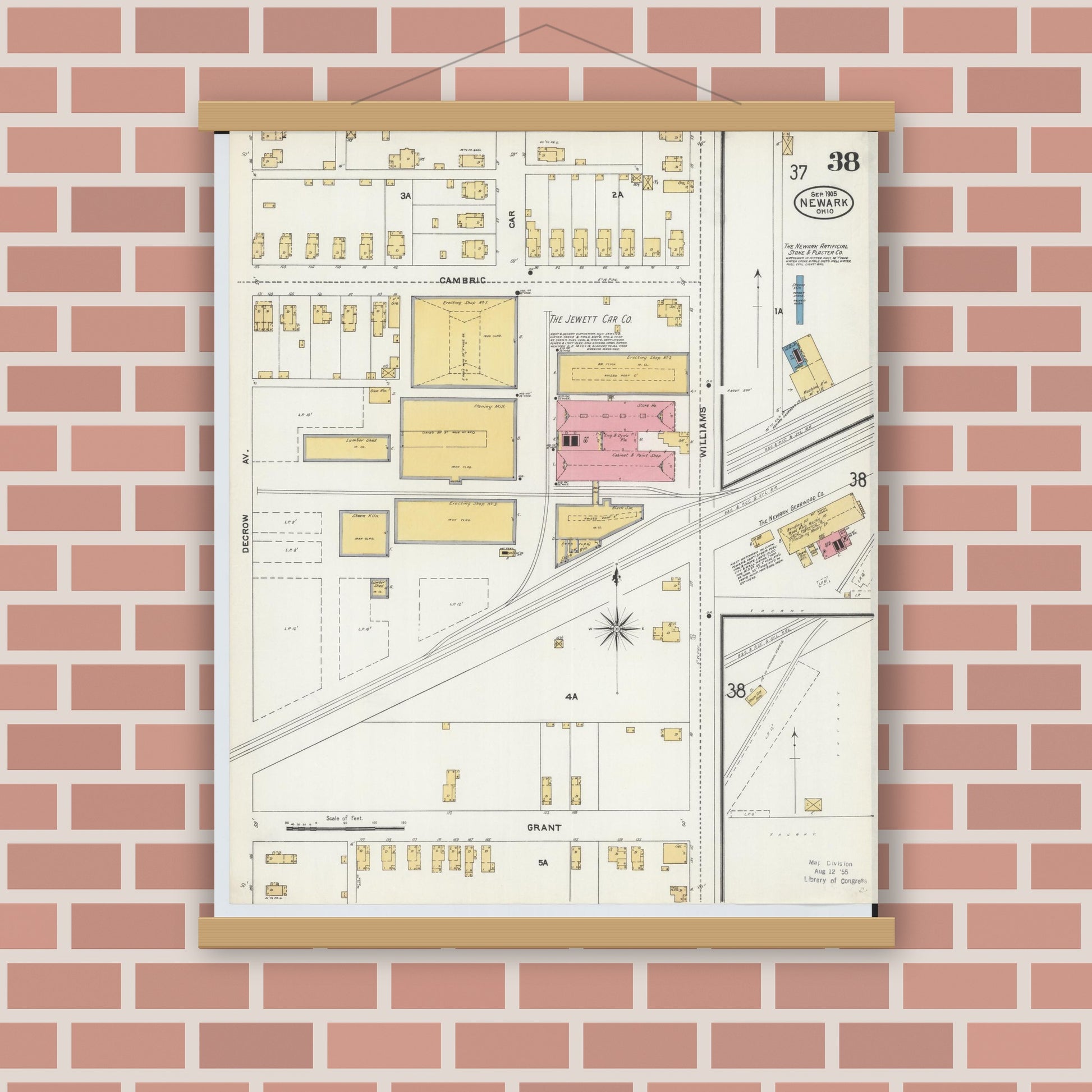 Old map wall art mockup — magnetic wood frame on brick wall — Sanborn Fire Insurance Map from Newark, Licking County, Ohio (1905), Sheet #0038