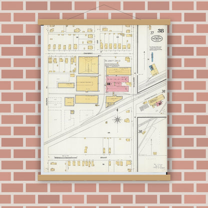 Old map wall art mockup — magnetic wood frame on brick wall — Sanborn Fire Insurance Map from Newark, Licking County, Ohio (1905), Sheet #0038