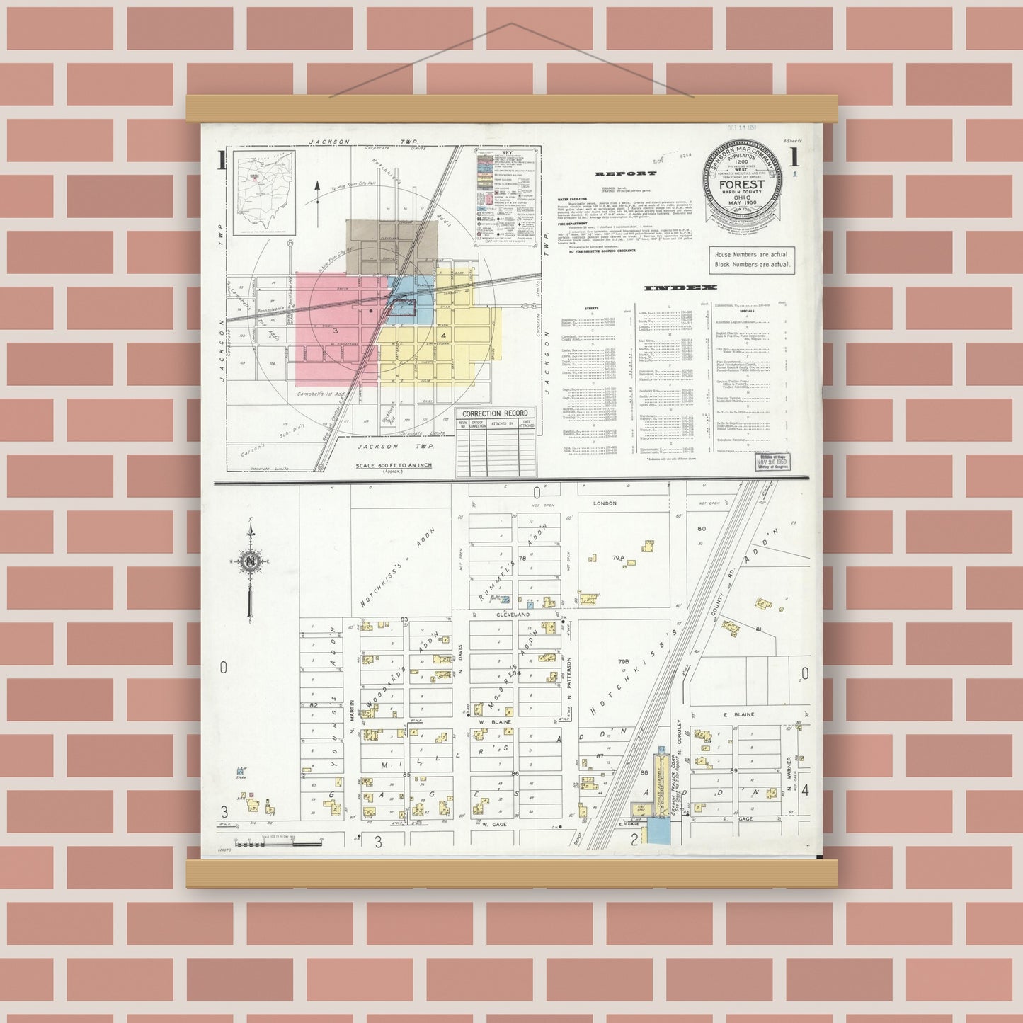 Old map wall art mockup — magnetic wood frame on brick wall — Sanborn Fire Insurance Map from Forest, Hardin County, Ohio (1950), Sheet #0001