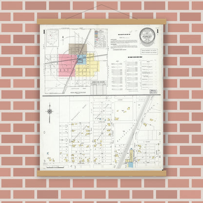 Old map wall art mockup — magnetic wood frame on brick wall — Sanborn Fire Insurance Map from Forest, Hardin County, Ohio (1950), Sheet #0001