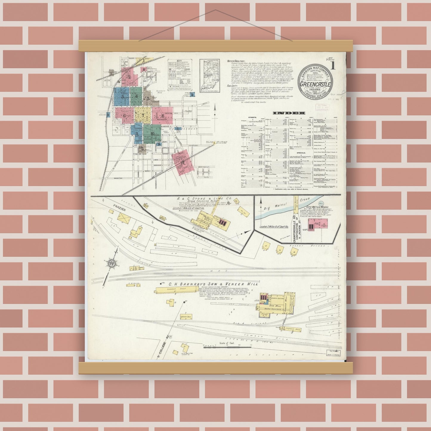 Old map wall art mockup — magnetic wood frame on brick wall — Sanborn Fire Insurance Map from Greencastle, Putnam County, Indiana (1913) - Complete Map Set
