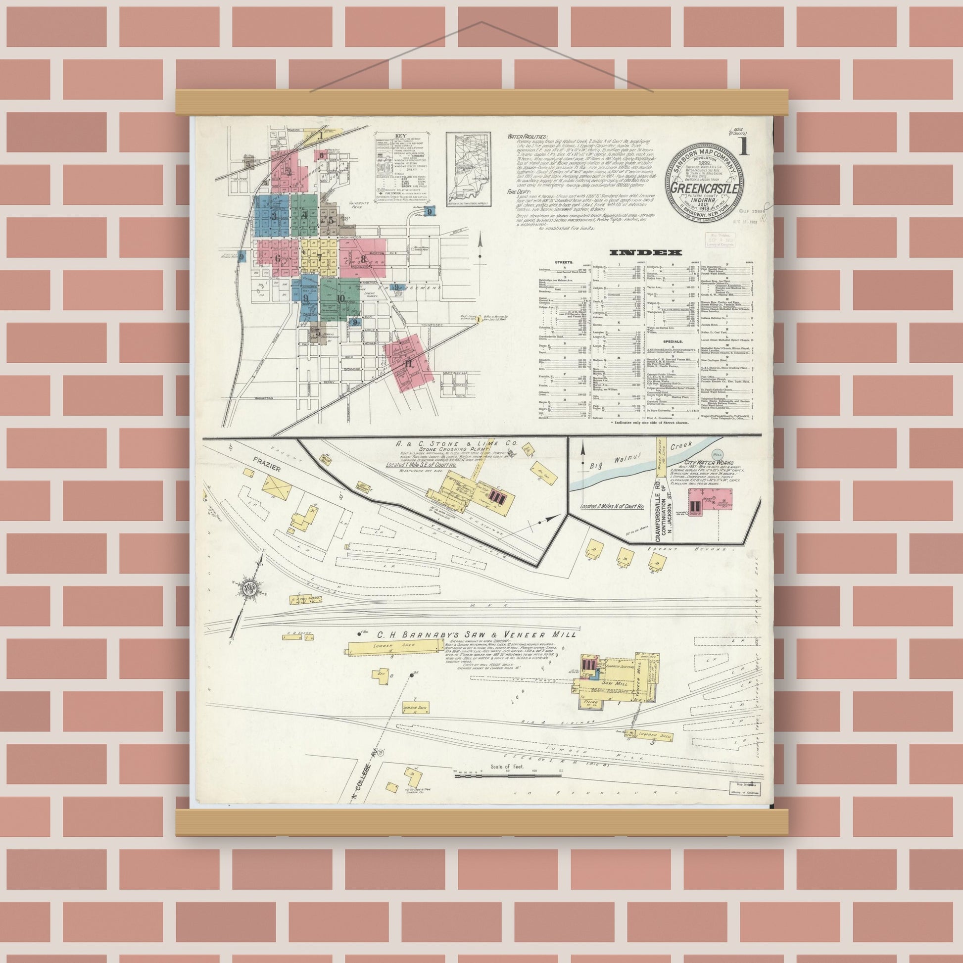 Old map wall art mockup — magnetic wood frame on brick wall — Sanborn Fire Insurance Map from Greencastle, Putnam County, Indiana (1913) - Complete Map Set