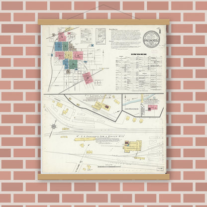 Old map wall art mockup — magnetic wood frame on brick wall — Sanborn Fire Insurance Map from Greencastle, Putnam County, Indiana (1913) - Complete Map Set