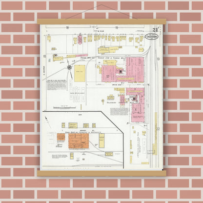 Old map wall art mockup — magnetic wood frame on brick wall — Sanborn Fire Insurance Map from Goldsboro, Wayne County, North Carolina (1918), Sheet #0021