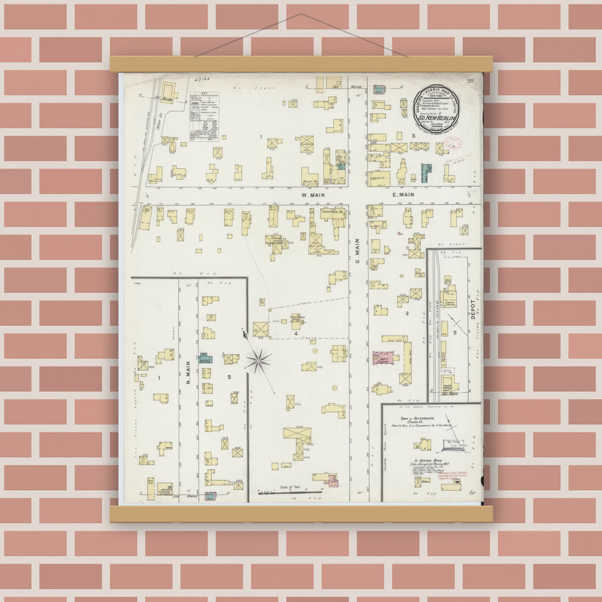 Old map wall art mockup — magnetic wood frame on brick wall — Sanborn Fire Insurance Map from South New Berlin, Chenango County, New York (1894), Sheet #0001