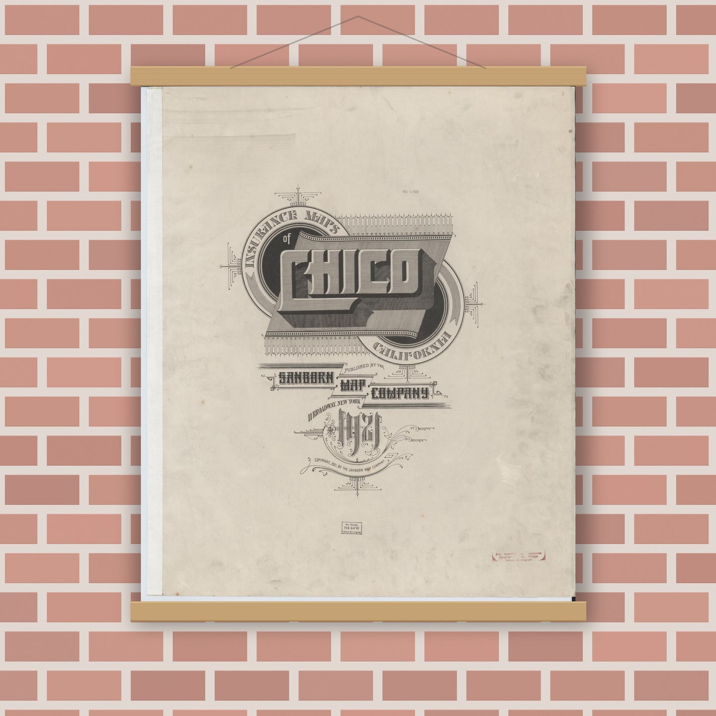 Old map wall art mockup — magnetic wood frame on brick wall — Sanborn Fire Insurance Map from Chico, Butte County, California (1921), Sheet #0001