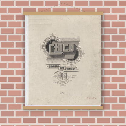Old map wall art mockup — magnetic wood frame on brick wall — Sanborn Fire Insurance Map from Chico, Butte County, California (1921), Sheet #0001