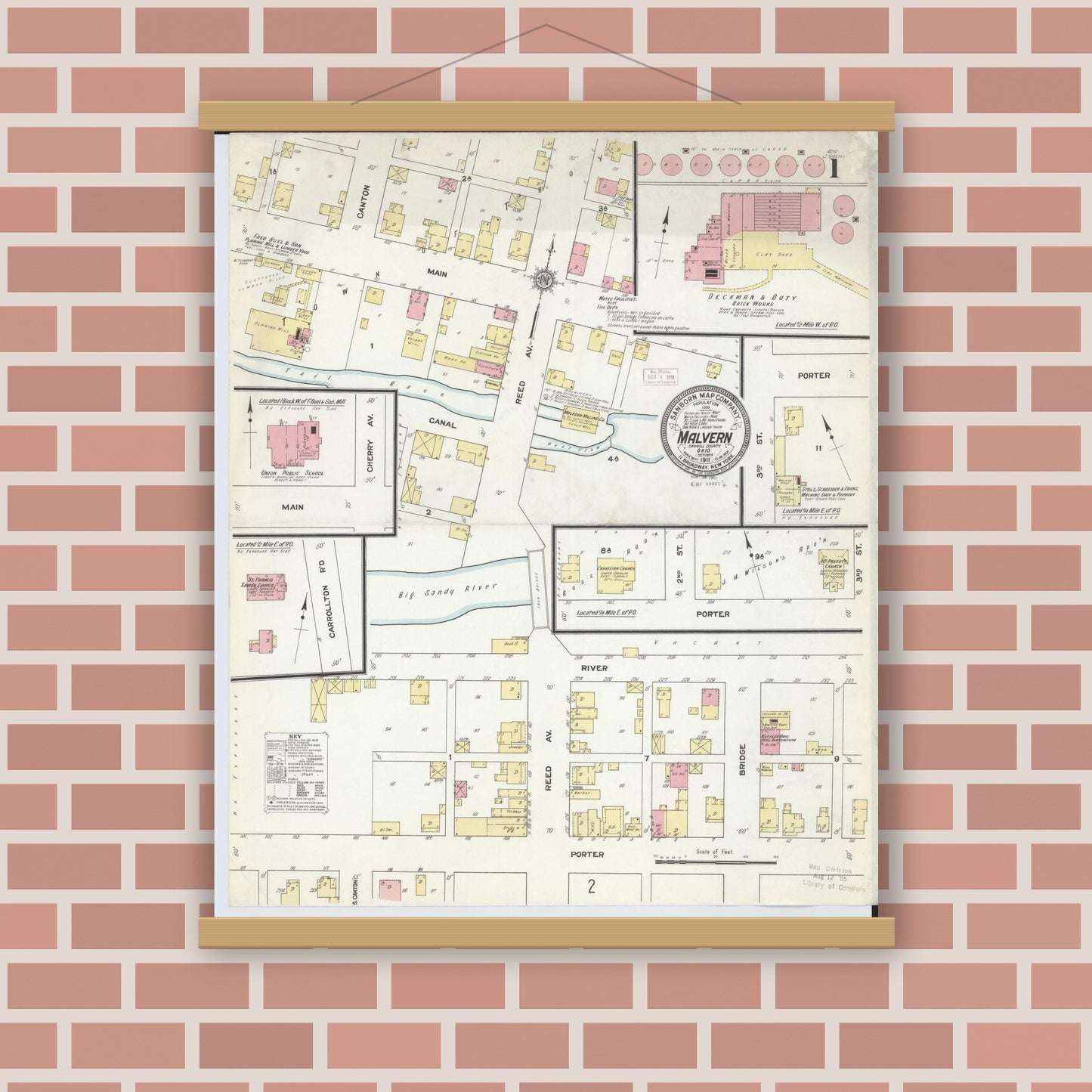 Old map wall art mockup — magnetic wood frame on brick wall — Sanborn Fire Insurance Map from Malvern, Carroll County, Ohio (1911) - Complete Map Set