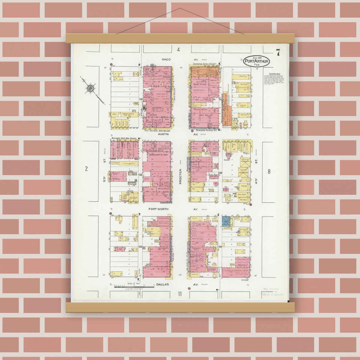 Old map wall art mockup — magnetic wood frame on brick wall — Sanborn Fire Insurance Map from Port Arthur, Jefferson County, Texas (1918), Sheet #0007