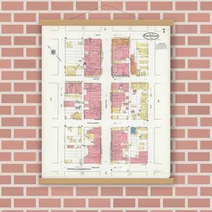 Old map wall art mockup — magnetic wood frame on brick wall — Sanborn Fire Insurance Map from Port Arthur, Jefferson County, Texas (1918), Sheet #0007