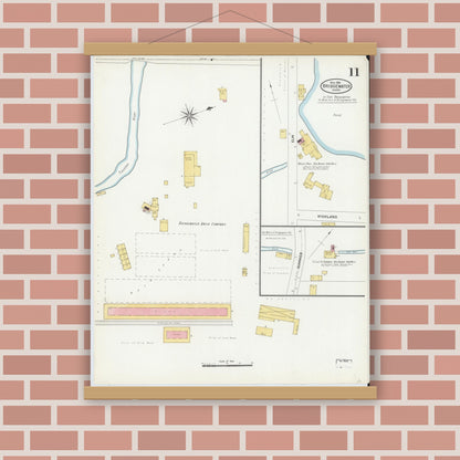 Old map wall art mockup — magnetic wood frame on brick wall — Sanborn Fire Insurance Map from Bridgewater, Plymouth County, Massachusetts (1906), Sheet #0011