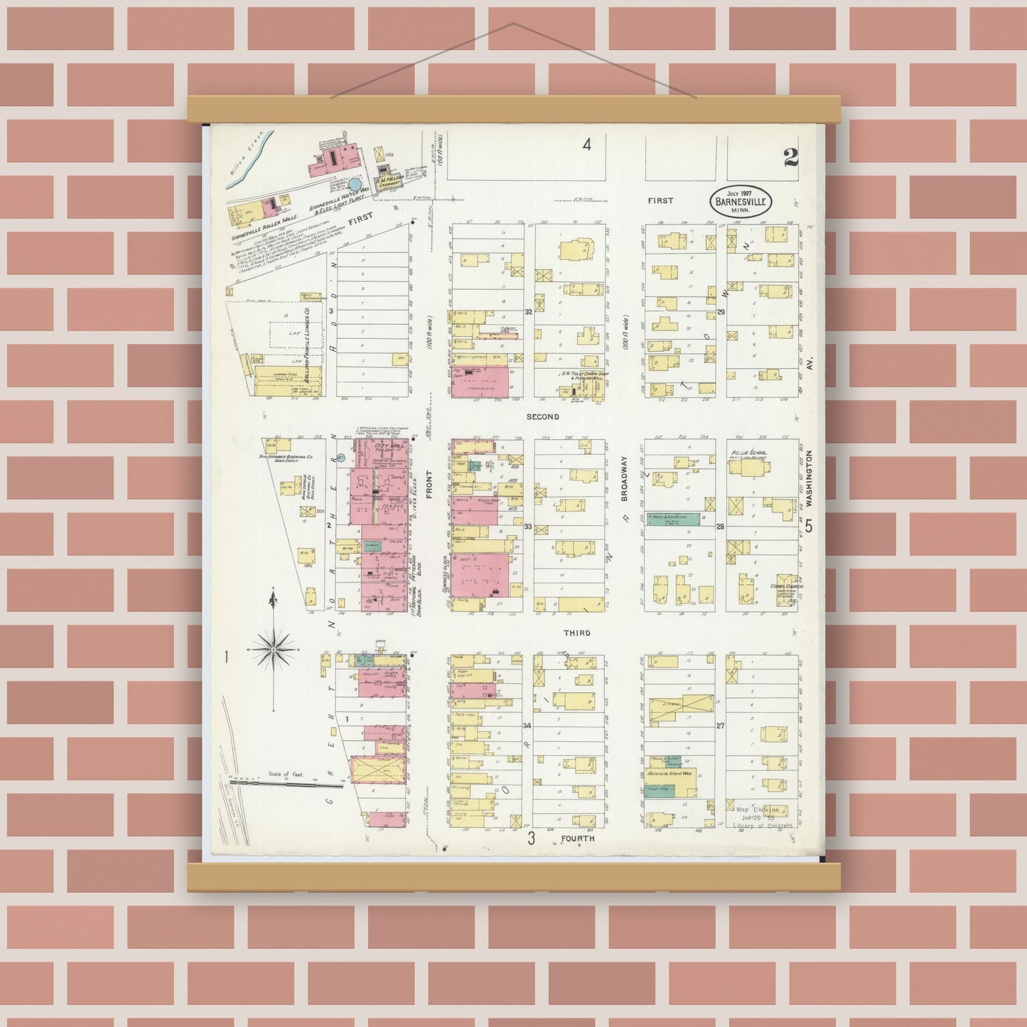 Old map wall art mockup — magnetic wood frame on brick wall — Sanborn Fire Insurance Map from Barnesville, Clay County, Minnesota (1907), Sheet #0002