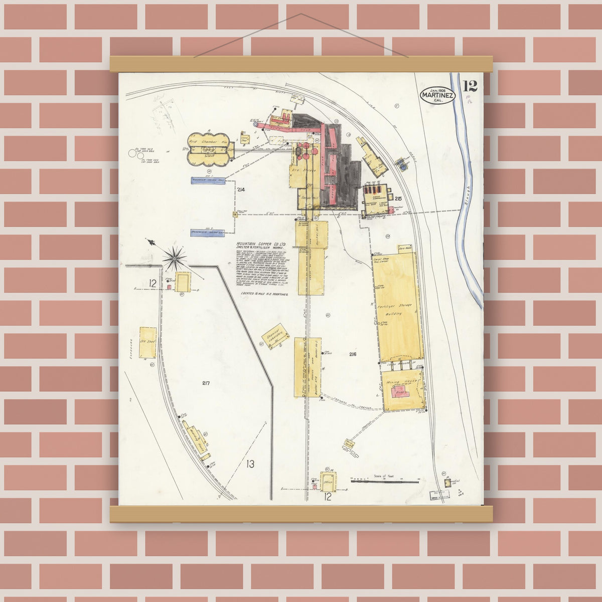 Old map wall art mockup — magnetic wood frame on brick wall — Sanborn Fire Insurance Map from Martinez, Contra Costa County, California (1908), Sheet #0012